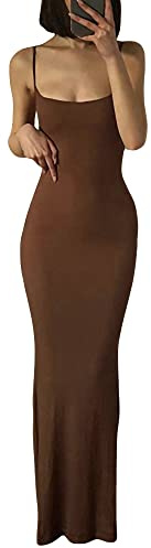 Felcia Women Spaghetti Strap Sleeveless Long Dress Solid Color Bodycon Fish Tail Dress Party Evening Maxi Dress (Brown, L)