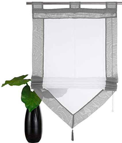 Devola Voile Scheibengardinen mit Quaste Panneaux HxB 140x60cm Grau | Gardine Zweifarbig Bistrogardine Küche Transparent Kurzstore mit Schlaufen Fenster Gardinen Modern 1er Pack