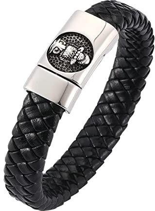 Ayoiow Männer Armband Indianer, Armband Edelstahl Männer Armband Leder Männer Schwarz Flechtarmband mit Eule