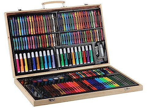 Spetebo Malset im Koffer - 180 Teile - Tragbarer Malkoffer aus Holz - Zeichenset im Holzkasten inklusive Ölkreide Wachsmalstiften Bunstiften Filzstiften Markern Wassermalfarben