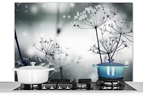 KitchenYeah© Fond de Hotte Aluminium Crédence Cuisine Décoration Murale | 100x65 cm - Crédence Plaque de Cuisson Anti Projection Fleurs - Nature - Noir et blanc - Photographie