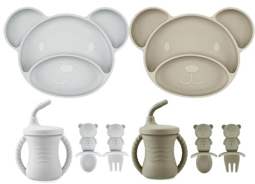 PandaEar Juego de Alimentación de Silicona para Bebés, 8 Piezas, Platos con Succión Divididos, Vaso de Entrenamiento, Cucharas y Tenedores para Bebés de 6+ Meses, Suministros para Alimentación Guiada