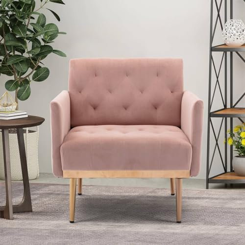 Sweiko Sofas Esszimmerstuhl,Polsterhocker Sitzfläche aus Samt mit Rückenlehne und Armlehnen,Freizeitsessel Schreibtischstuhl mit Massivholz Beine,Einzelsofa für Wohnzimmer Esszimmer (Rosa)