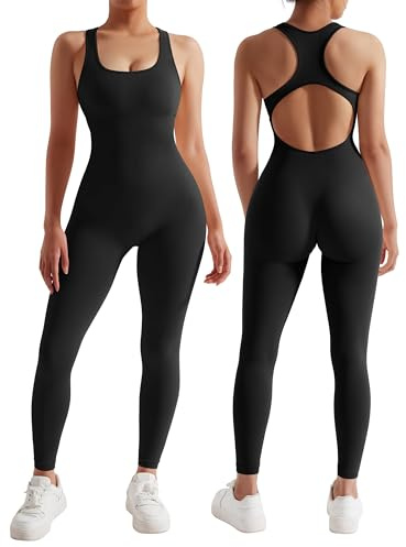 DOULAFASS Unitards for Women Backless All In One Piece Jumpsuits Sleeveless Scoop Neck Bodycon Romper Seamless Workout Yoga Sports Racerback Jumpsuits