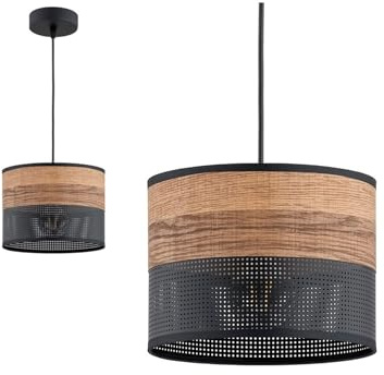 KAR LIGHTING Pendelleuchte 1-flammig aus schwarzem Metall mit Holzoptik-Details (PVC), höhenverstellbar | E27 Fassung | LED geeignet | Hängelampe für Wohn-, Esszimmer, Küche, Büro