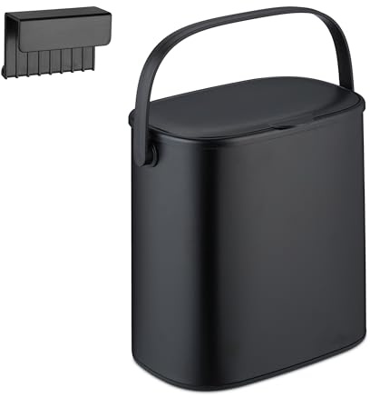 Relaxdays Mülleimer, 5 l, hängender Kosmetikeimer, kleiner Badmülleimer mit Deckel & Griff, Küchenabfalleimer, schwarz