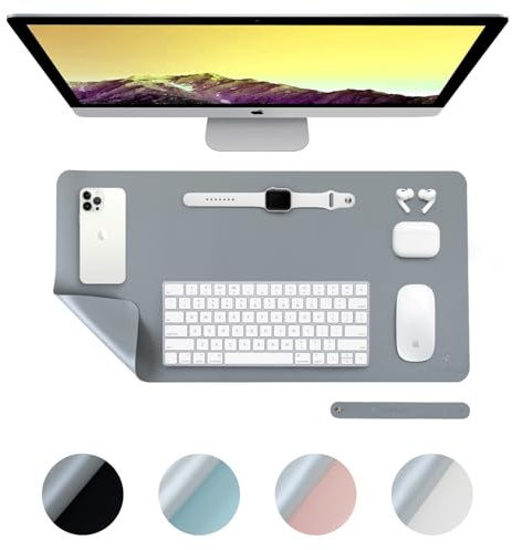 DesireTech Reversible Small Office Desk Mat- Dual-Sided Desk Mat, Waterproof Faux Leather Table Surface Protector Desk- Laptop Mat & Mouse Pad (Grey/Silver, Small (35 x 60cm)