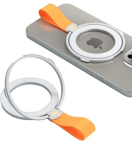 Orange Silicone Finger Loop Phone Ring Holder MagSafe Compatible iPhone 11 12 13 14 15 16 17 Pro Max Adjustable Strap Kickstand Wireless Charging Grip Samsung Galaxy Pixel Foldable Secure Hold