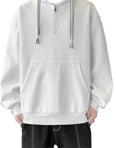 Seiizaa Primavera y otoño sin Sombrero Cuello Redondo Top Camisa de Manga Larga Sudadera Suelta para Hombres Ropa de Hombre-White-S