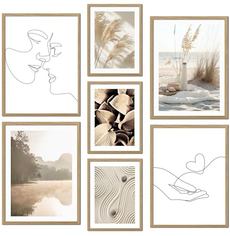 ag.art deco® Poster Wanddeko Wohnzimmer Ideal als Geschenk Modernes Design | 7 Boho Wandbilder mit Holz Rahmen Pampasgras Strand Abstrakt Line Kunst Mehrteilige Beige Wanddeko Wohnzimmer & Schlafzimmer