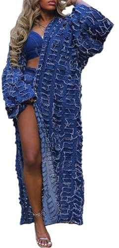 NRTHYE Cardigan da donna strappato oversize in jeans kimono cardigan a maniche lunghe aperto davanti lungo denim spolverino cappotto, Blu, taglia unica