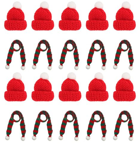 zoufabaola 20 Stücke Mini Weihnachtsmütze Und Schal Set, Mini Mütze,Mini Schal Weihnachtsdeko Wichtel Eierwärmer Weihnachten DIY Handwerk (Rot)