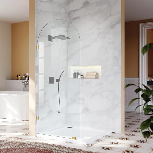 Bathroom Glass Shower Door Panel, 30 W x 78 H Fixed Frameless Shower Doors with Clamps, 3/8(10mm) Thick Clear Tempered Glass Shower Screen Single Panel for Walk in Shower (Brushed Gold)