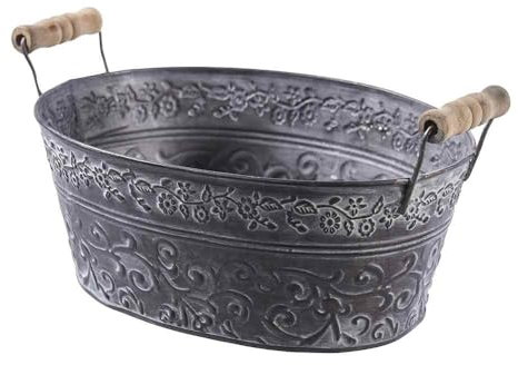 Pflanzschale mit Griffen Zink Shabby Ornamente oval 23,8x18,3x9,7 cm