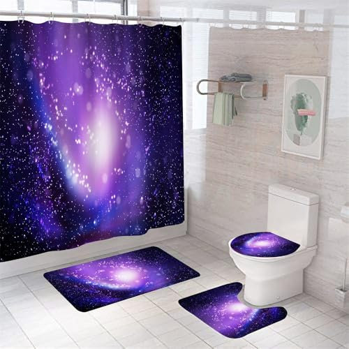 Badezimmerteppich Schwarz Lila Badteppich rutschfest Waschbar Badgarnitur 4 Teilig – Badematte Set Mit Wc-Vorleger Und Badematte,Teppich Badezimmer Für Sicherheit Und Komfort Im Bad 45X75Cm