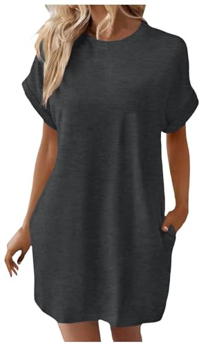 Sommerkleid Damen Knielang T-Shirt Kleid Lässiges Lockeres Blusenkleid Baumwolle Leinen Einfarbige Vintage Kleider Freizeitkleid Shirtkleid Rundhals Langes Shirt Kurzarm Tunika Kleid