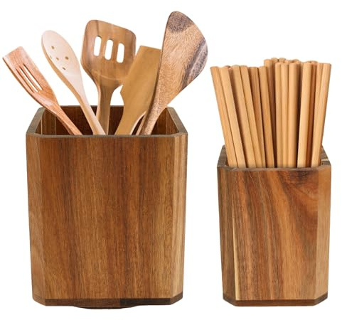 GUIJZSLTRG 2Pcs Wood Utensil Holder 360° Rotating Acacia Utensil Crocks Multipurpose Cooking Spoon Spatula Organizer Kitchen Tool Storage Accessories Rack for Pub Restaurant Countertop(2pcs)