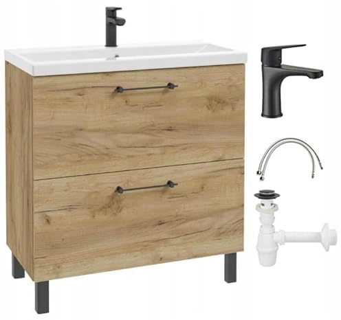 .Deftrans Waschbeckenunterschrank 80x80 cm mit waschbecken – Badezimmer Unterschrank Eiche Craft, stehend mit 2 Schubladen Soft-Close, Badmöbel mit Waschtischarmatur