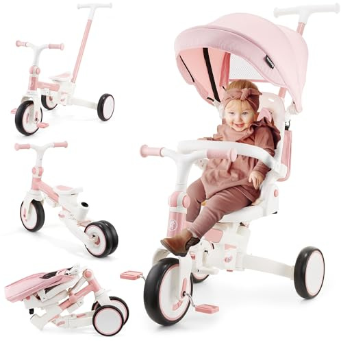 HyperMotion Triciclo Evolutivo 8 in 1 Rosa – Triciclo Passeggino Pieghevole e Reclinabile con Seduta Girevole 360° – con Cappottina, Maniglione e Cintura – per Bambina 1-5 Anni