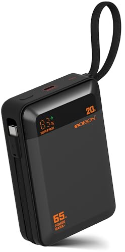 Power Bank 65W Tragbares Ladegerät für Laptop & Telefon, 20000mAh Schnellladeakku Pack mit eingebautem USB C Kabel, Kompaktes Reiseladegerät für iPhone 17/16/15, Tablet und mehr