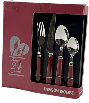 Akinda Home - Set posate da 24 pezzi, colore bordeaux, stile country - posate in acciaio e plastica