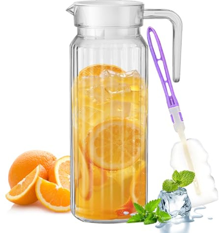 1,1 L Brocca in Acrilico, TIE-DailyNec 1 Pack Brocca per acqua in Plastica Trasparente, BPA-Free Brocca per Succo con Coperchio e Manico per Limonata, Latte, Tè, Include 1 Pennello a Manico Lungo