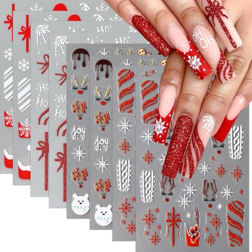 CharmeFleur 8 Stück Weihnachts Nageldesign Aufkleber Winter Schneeflocken 5D Mikro Relief Weihnachtsmann Hut Nagelaufkleber Selbstklebender Lebkuchenmann Nageldesign