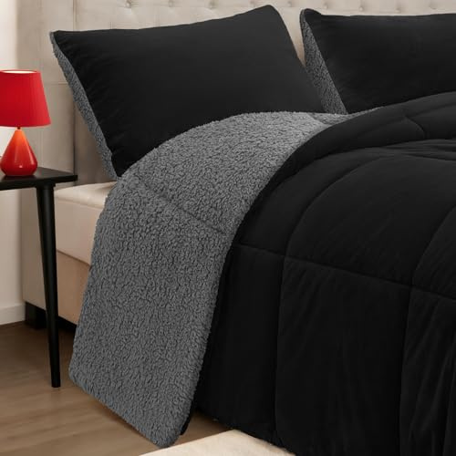 SunNewt Fluffy Sherpa Queen Comforter Set 3 Pieces, Winter Warm Plush Thick Reversible Fleece Comforter & 2 Pillow Shams,Super Soft Cozy Micromink Bedding Comforter Sets (Black,Queen)