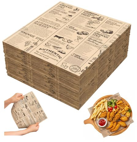 HMCEY 100 Blätter Backpapier Bedruckt 25 X 25 CM,Brotpapier Zeitungsoptik,Butterpapier,Sandwich Papier Wrap,Käsepapier,Einschlagpapier Lebensmittel,Frischhaltepapier für Pommes, Kuchen, Hamburger