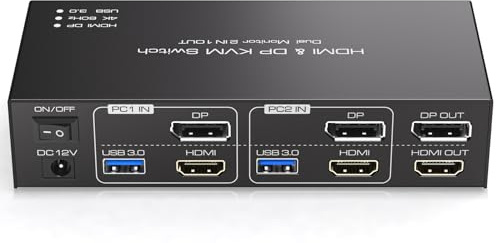 HDMI+Displayport KVM Switch 2 Monitors 2 Computers 4K@60Hz KVM Switcher for Two PC Share Dual Monitors and 4 USB 3.0 Ports Support Extended/Copy Mode with Desktop Controller&2 USB Cables