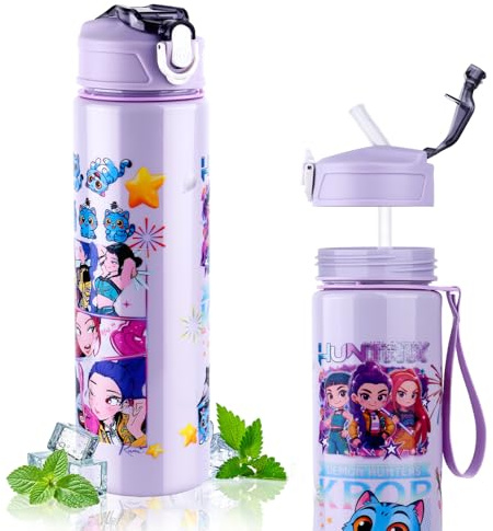 Vilntrosia - Borraccia da 700 ml/25 oz con cannuccia, motivo cartone animato doppio lato K-pop, borraccia per ragazzi e ragazze, a tenuta stagna con maniglia, borraccia per bevande per scuola