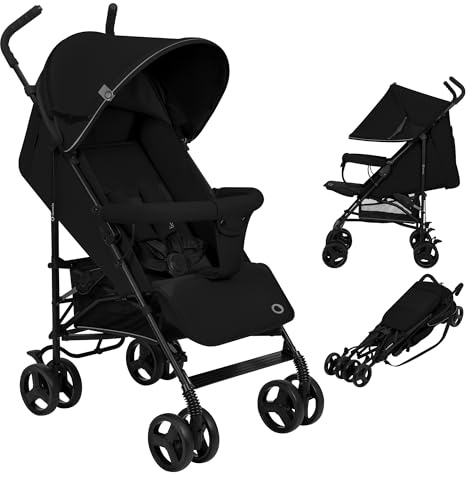 LIONELO Elia Lätt Barnvagn (6 mån–3 år upp till 15 kg), Hopfällbar och Resevänlig – Endast 7 kg, EVA-hjul med Fjädring, 4-positions Liggläge & Justerbart Fotstöd, XXL Sufflett med Myggnät, Svart Onyx