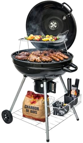INTEC - Barbacoa de carbón de madera Ø54 cm con doble parrilla de cocción y tapa con termostato, bandeja para cenizas, barbacoa con ruedas y depósito para cocinar al aire libre en el jardín
