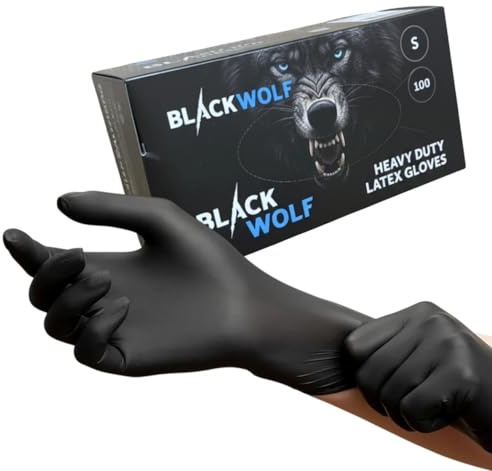 A406 Heavy Duty Black Latex Gloves, Powder Free, Disposable, 100 Pack, for Mechanic, Tattoo, Food and Medical Use Butchers use Gloves (Large/9)