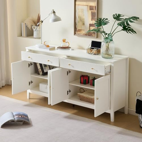 PUGSDRLY Buffet Cuisine Salon 160x40x82cm,Buffet Salle a Manger,Rangement Cuisine avec 2 Tiroirs,4 Portes,Poignée Métallique,pour Salon,Chambre(G-Blanc)