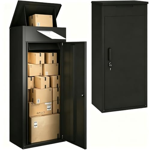YODOLLA Paketbox Groß XXL Paketbriefkasten für Garten | 120x35x50cm, abschließbarer wetterbeständiger Full-Metal-Rahmen Paketkasten mit Klappdeckel für Veranda/Garten, Schwarz