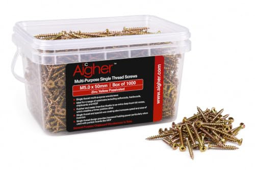 Aigher Multi-Purpose Single Thread Wood Screws 5.0 x 50mm, 1000 Pack, Zinc Yellow Passivated Countersunk Fixings for Softwood, Hardwood, MDF, Chipboard, Fibreboard, Furniture, Joinery and Indoor DIY