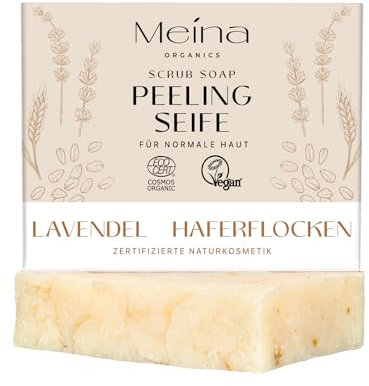 Meina Bio Peeling Seife mit Lavendel und Haferflocken, 100% Natürlich, Zertifizierte Naturkosmetik, Naturseife ohne Palmöl, Vegan, Handgemacht, Wie ein festes Duschgel, Oatmeal Scrub Soap, 100g