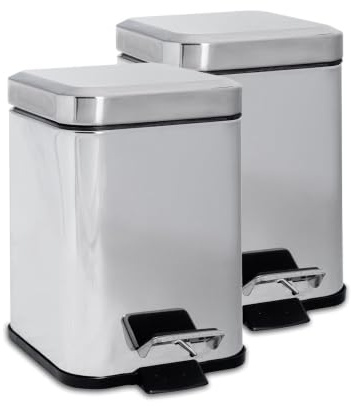 Harbour Housewares 3L Bathroom Bins - Chrome - Pack of 2 - Square Stainless Steel Pedal Bin Slim Kitchen Rubbish Trash Can Garbage Dustbin with Lid and Inner Liner Bucket