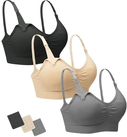 Stelle Nursing Bras Maternity Bra for Breastfeeding Pregnancy Wireless Bralette with Pads, Extenders (Black+Gray+Beige,M)
