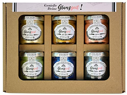 Viva Decor Glanzzeit Glanzvolle Momente 6er-Set Metallicfarbe 30ml für Pappe Terrakotta glänzend mit Pinsel Schwamm wasserbasiert Made in Germany ganzjährig