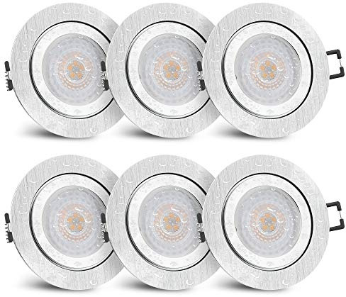 SSC-LUXon RW-2 LED Einbaustrahler Set flach IP44 mit fourSTEP ''Dimmen ohne Dimmer'' 5W warmweiß - 6x Einbauspot rund gebürstet'