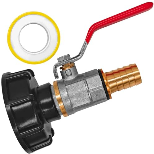 MegaHaustechnik IBC Tank S60x6 Zubehör Anschluß Adapter Kugelhahn mit Messing Schlauchtülle AußenØ 25mm für 1“ Schlauch, Container GrobgewindeØ 60 x 6mm Gewindesteigung Absperr-Ventil