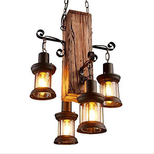 Rustikale Pendelleuchte Vintage Bar Hängeleuchte Retro Persönlichkeit Wohnzimmer Holz Metall Pendellampe E27 Höhenverstellbar Industrial Hängelampe Esszimmer Deckenlampe Wohnzimmer Kronleuchter,4*E27