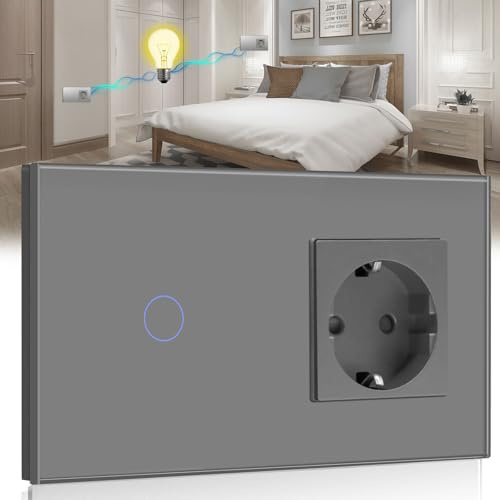 BSEED Interruptor con Enchufe,1 Gang 2 Vías interruptor tactil pared+16A 250V Enchufe de pared,Panel de cristal Interruptor conmutador de superficie,Schuko Enchufe Gris