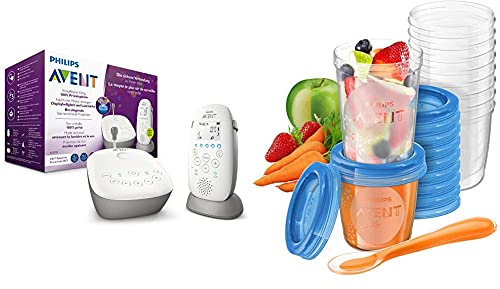 Philips Avent Audio Babyphone SCD733/26 - DECT-Technologie, Eco-Mode, Sternenhimmel, Gegensprechfunktion, Schlaf- und Nachtlieder, weiß & SCF721/20 Nahrungs-Mehrwegbecher