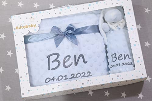 Generisch Geschenk-Set New Baby ★ Babydecke mit Namen + Teddybär ★ Baby-Shower ★ Geburt ★ (Blau - Hase)