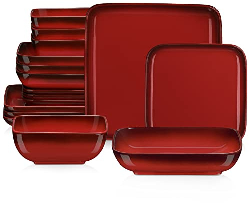 LOVECASA Middagsservis för 4, stengods, tallrik- och skålset, gradient servis, middagsservis i 16 delar med mattallrik/desserttallrik/flingskål/mugg, rödgradient