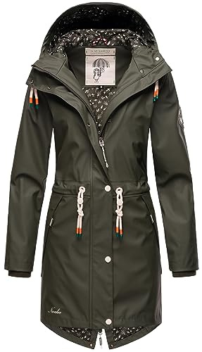 Navahoo Damen Übergangsjacke Regenmantel wasserdichte lange Regenjacke mit verstellbarer Kapuze und geschweißten Nähten Tropical Stormoo Oliv Gr. XS