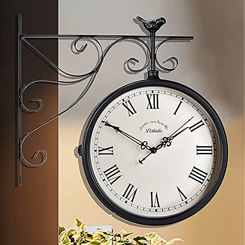 Orologio da parete bifacciale di ispirazione vintage, in ferro battuto, stile stazione ferroviaria, orologio rotondo con rotazione di 360 gradi, decorazioni per la casa per interni ed esterni, caffe